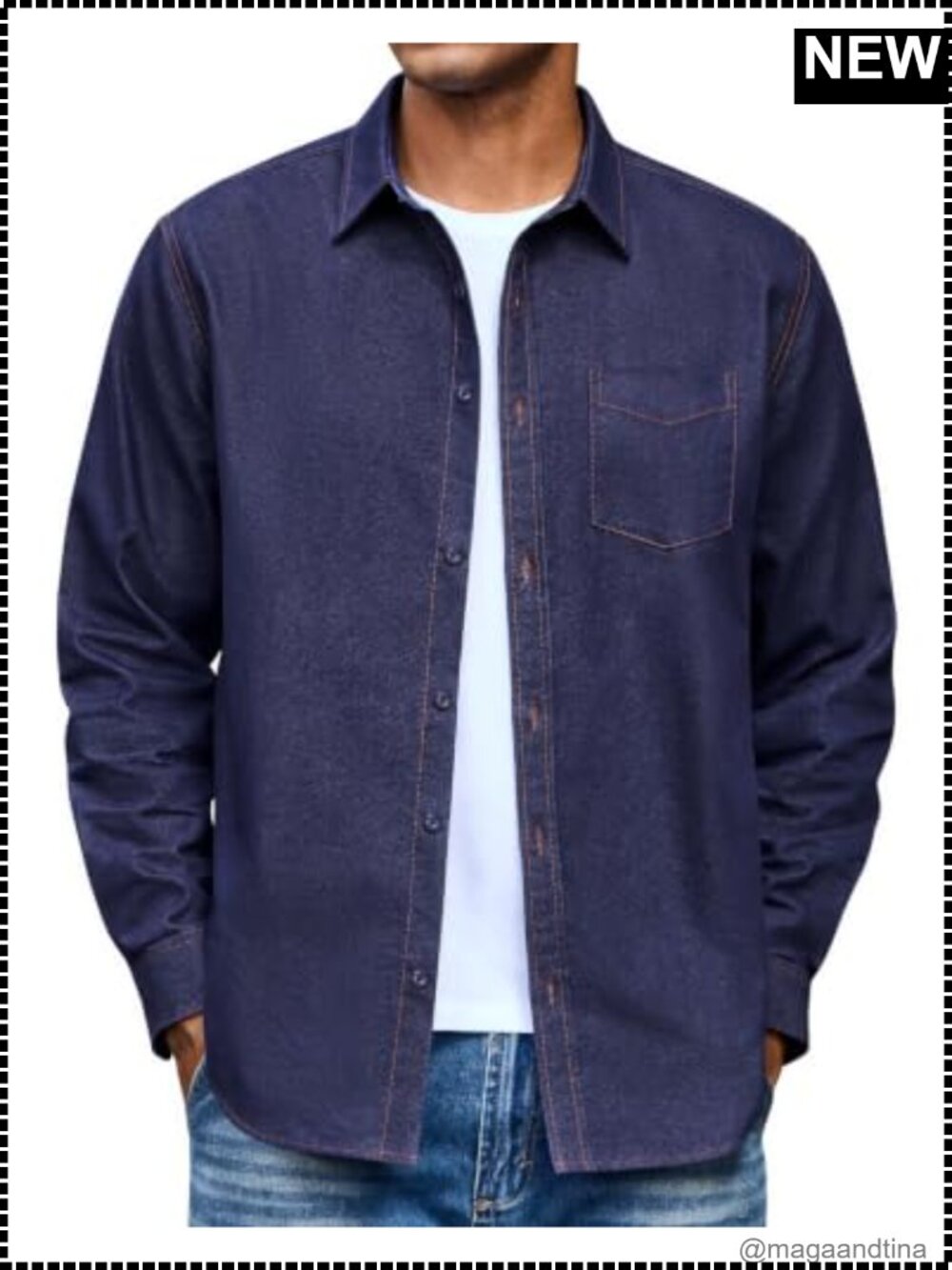 Mens Denim Shirt Jacket Cotton Blend Long Sleeve Button Down